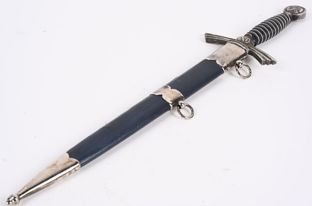 WWII NAZI GERMAN LUFTWAFFE DAGGER BY WEYERSBERG: Early approximately 30cm long bright nickel/silver plated, drop forged steel double edged stiletto style blade with a flat central plane. The blade shows light pitting throughout. The reverse ricasso 