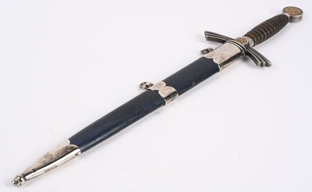 WWII NAZI GERMAN LUFTWAFFE DAGGER BY WKC WW2: Early approximately 30cm long bright nickel/silver plated, drop forged steel double edged stiletto style blade with a flat central plane. The blade is still very bright and clean and shows minimal lig