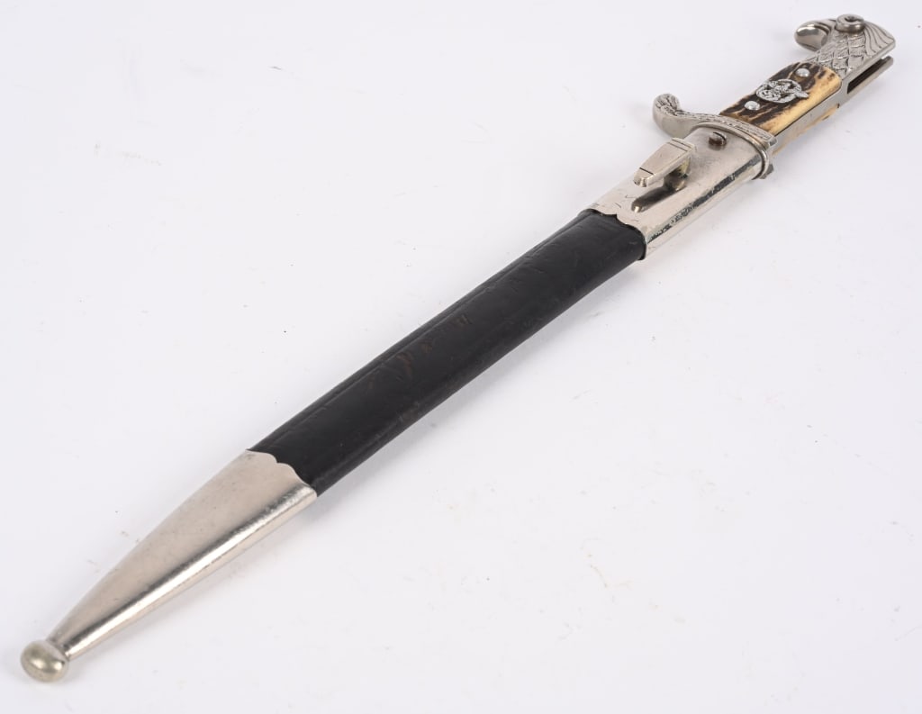 WWII NAZI GERMAN POLIZEI STAG GRIP BAYONET WW2: Early, shortened, reissued, long model, M98/05 Prussian police slotted dress bayonet. Roughly 33cm long, bright, nickel/silver plated, drop forged steel blade has full length fullers running off the t