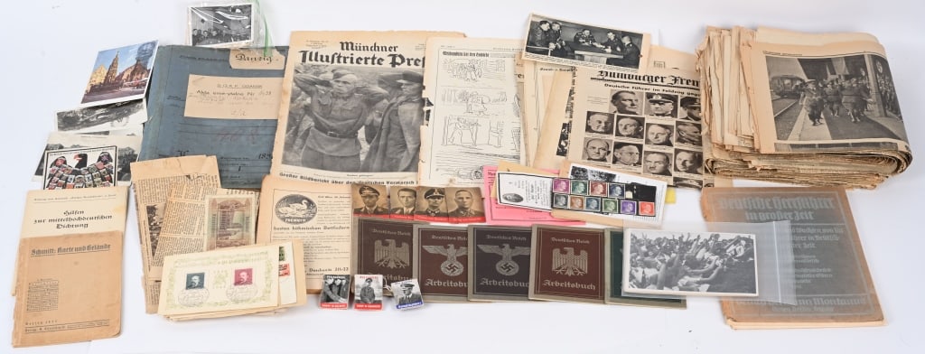 WWII NAZI GERMAN EPHEMERA LOT PHOTOS NEWSPAPERS: WWII Nazi German Ephemera lot to include 1) 16 copies of Newspapers titled Deutsche Zeitung 2) 51 copies of Newspapers titled Volkischer Beobachter 3) Cigarette Album photos from Adolf Hitler 4) Germa