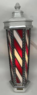 KOKEN PORCELAIN & STAINED GLASS BARBER POLE: Koken Porcelain and Stained Glass Barber Pole. Great looking wall mount model. Has been wired and lights up. A great looking piece. 34" Excellent