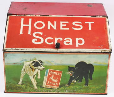 HONEST SCRAP TOBACCO TIN STORE DISPLAY: Great looking tin Tobacco Store Display Cabinet. Wonderful image of Cat and Dog. Very nice colors. Displays great. 18"x14"x12" Excellent