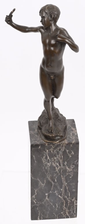 MILO BRONZE NUDE BOY WITH CATAPULT: Bronze nude boy with catapult. Set on marble base. Marked on bronze base Milo. 13" Excellent