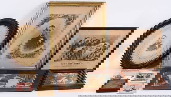 ANTINQUE LOT LINCOLN, MCKINLEY, ROBERT E. LEE: Lot includes Currier & Ives Death of General Robert E. Lee, Oval Abraham Lincoln lithograph, along with Buttre 20" by 16" lithograph of Lincoln. Also included are 2 silver dollar size Abraham Lincoln