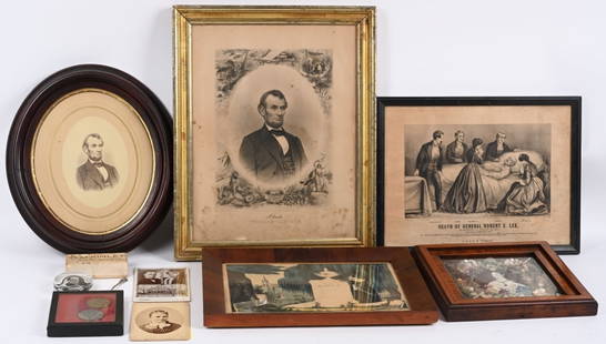 ANTINQUE LOT LINCOLN, MCKINLEY, ROBERT E. LEE: Lot includes Currier & Ives Death of General Robert E. Lee, Oval Abraham Lincoln lithograph, along with Buttre 20" by 16" lithograph of Lincoln. Also included are 2 silver dollar size Abraham Lincoln