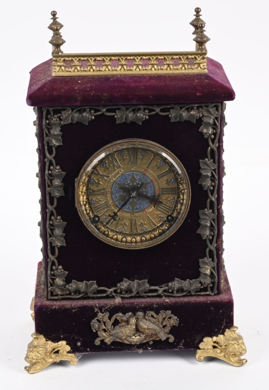 ANSONIA VELVET MANTEL CLOCK: Very ornate velvet Mantel Clock. Very nice original condition. Clock is working. 15" Excellent