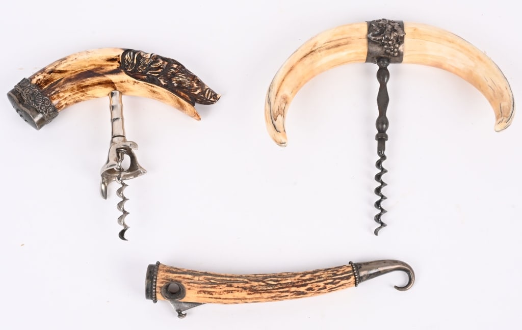 LOT (3) ANTIQUE STAG CORK SCREWS & CUTTER (1 of 5)