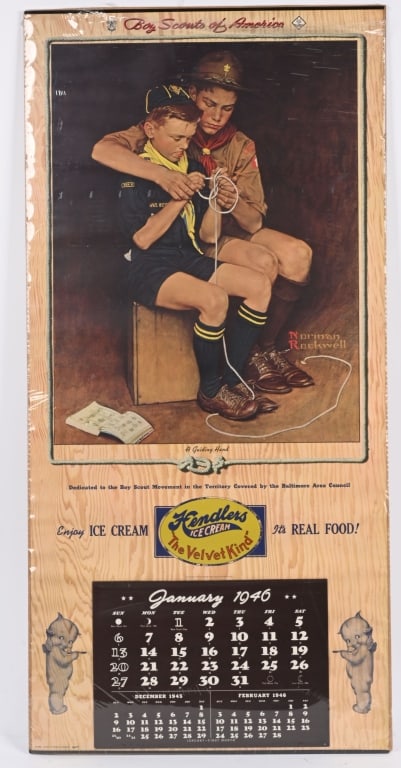 1946 HENDLERS ICE CREAM BOY SCOUNT CALENDAR: 1946 Hendlers Ice Cream Boy Scout Calendar by Norman Rockwell. Great Boy Scout image. Has Kewpie Dolls eating ice cream. 46"x22" Excellent