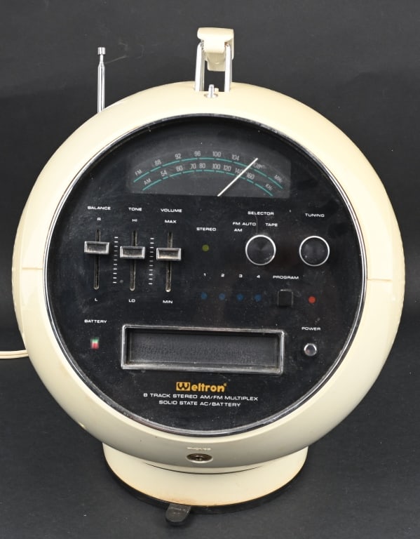 WELTRON SPACE AGE 8 TRACK STEREO: All original with great round Space Age look. Worked when tested. 13" Excellent
