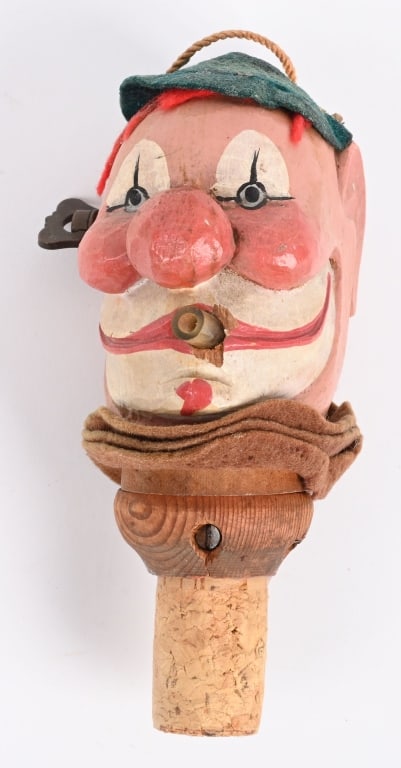 GERMAN CARVED WOOD MUSICAL CLOWN WINE STOPPER: German carved wood Musical Clown Wine Cork Stopper. All original with working Music Box. 5 1/2" Excellent