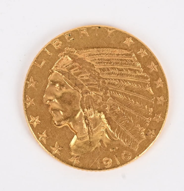 1910 INDIAN $5.00 GOLD COIN: Coin has nice details but is ungraded. Photos show the condition.