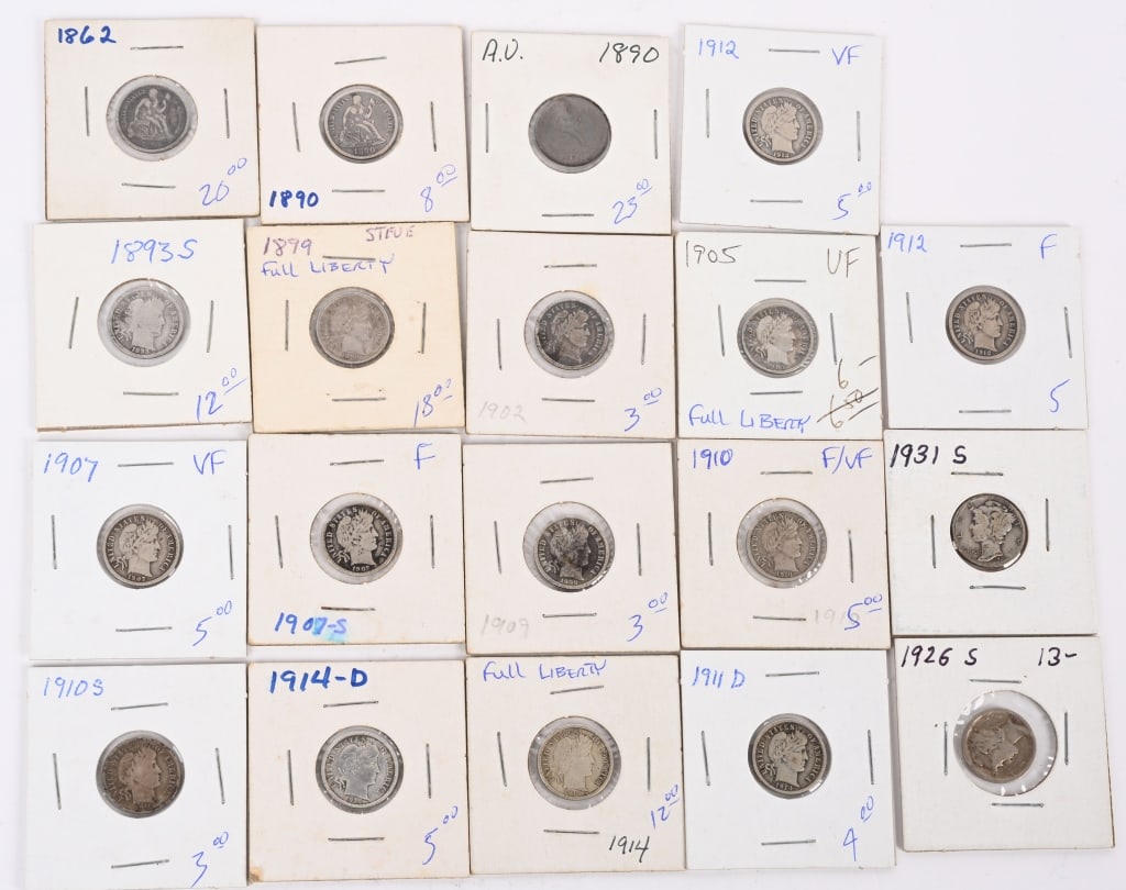 19- SILVER DIMES, SEATED LIBERTY, BARBER, MERCURY (1 of 6)