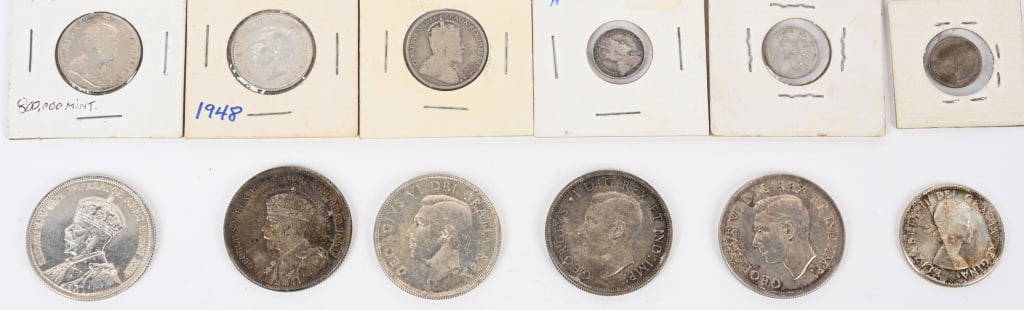 CANADIAN SILVER DOLLARS, QUARTERS, HALF & MORE: Lot includes 2- 1935, 1939, 1946, 1949, dollars and 1959 Half dollar. Also included are 1870, 1902h, and 1912 silver half dimes, and1905, 1910 and 1948 silver quarters.