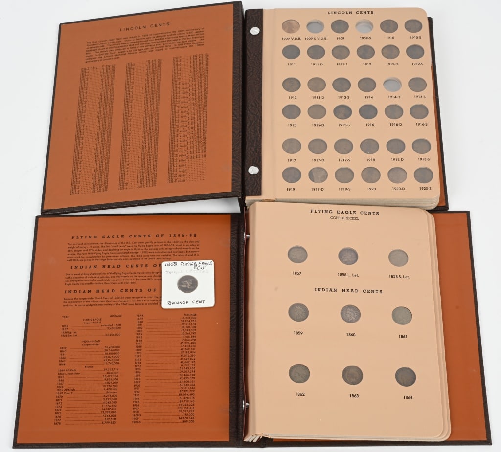 INDIAN CENT & LINCOLN COLLECTIONS IN BOOKS: Includes 64 Indian Head cents in various conditions. Missing 1869/69, 1877, and 1909-S. There are many semi keys present. The Lincoln cent book is missing the key coins 1909SVDB, 1909-S, 1914-D and 19