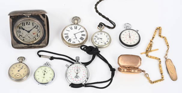 POCKET WATCH, STOP WATCH & CLOCK LOT: 1. Gorham travel clock, silver case 8 day Waltham works, Runs. 2. Watch 2 1/2" dial. back mot removed. Runs, 3. Ingersol 10S, not running. 4. Elgin 10S, back not removed runs. 5. Heuer Stop Watch, not