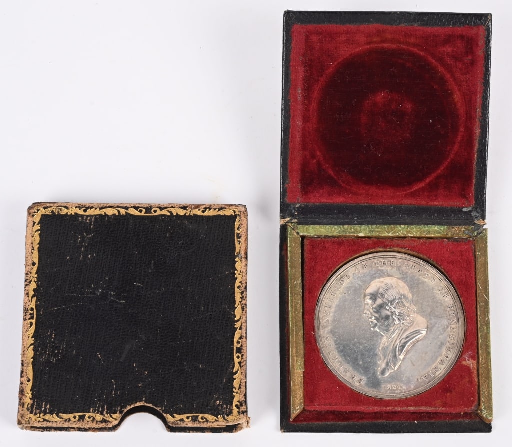 EXCPETIONAL 1852 FRANKLIN INSTITUTE AWARD MEDAL: Exceptional 1852 medal awarded to Jones & Kershaw of Blockly, PA for Merino & Cassimeres. Medal is 2" diameter and is in its original case, uncirculated.