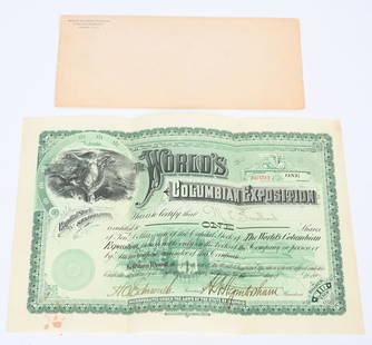 1893 COLUMBIAN EXPOSITION STOCK CERTIFICATE: 1893 World's Columbian Exposition Stock Certificate. One Share Certificate. Signed by President and Secretary. With Columbian Exposition Envelope. Excellent