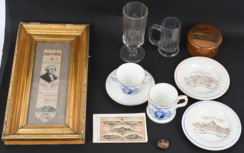 Large Lot 1876 CENTENNIAL SOUVENIRS Philadelphia: Grouping of souvenirs from the 1876 Centennial Exhibition in Philadelphia. Unless otherwise noted, all items are in Excellent condition. The lot includes: George Washington shaving mug in blue by Cope