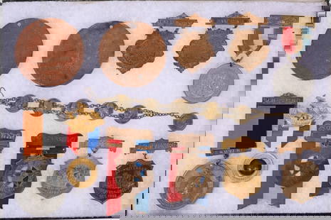 1893 Columbian Exposition 12 BADGES & FOBS: Group of nine (9) badges and three (3) fobs from the 1893 World's Fair.