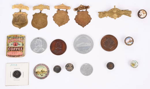 1893 World's Fair 20 TOKENS BADGES & CUFF STUDS: Group of twenty (20) tokens, badges, cuff studs, and similar souvenirs from the 1893 Columbian Exposition in Chicago. color litho badge has no pin and Coffee adv pin cushion has old fold in half. Othe