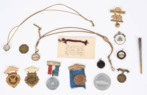 1893 Columbian Exposition 15 TOKENS BADGES FOBS: Group of fifteen (15) badges, watch fobs, tokens, and square nail pencil from the 1893 World's Fair.