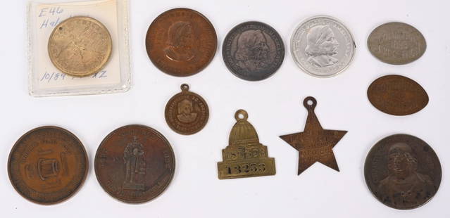1893 World's Fair 12 TOKENS & COINS: Group of twelve (12) tokens and coins from the 1893 Columbian Exposition. lot includes: 2 Columbian Half Dollar coins Elongated Penny & Nickel 5 bronze tokens Administration Building fob Post-Fair awa
