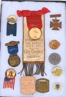 1904 World's Fair 11 BADGES BUTTONS TOKENS & FOB: Group of eleven (11) souvenirs from the 1904 St. Louis World's Fair. Lot includes: 4 Celluloid pinback buttons Chicago City Council ribbon badge for Chicago Day Oct 8, 1904, foxing West Virginia badge