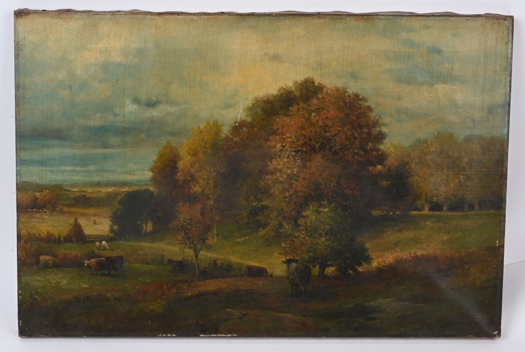 GEORGE INNESS (1825-1894) LANDSCAPE PAINTING: George Inness (American 1825-1894) "Landscape in Autumn with Cows" Oil on Canvas. Wonderful example of class Inness works. Beautiful use of colors and lighting. Landscape with Fall foliage with severa