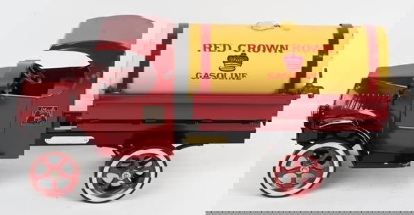 CUSTOM STEELCRAFT MACK RED CROWN TANK TRUCK: Very nice looking custom pressed steel Steelcraft Mack Red Crown Gasoline Tank Truck done by Les Paul. Very well done. Has Les Paul tag on frame. Has a few rubs on the paint. A Very nice looking