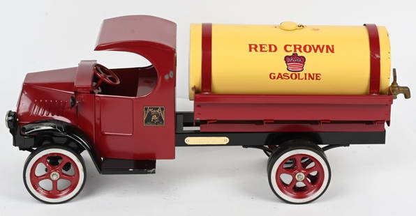 CUSTOM STEELCRAFT MACK RED CROWN TANK TRUCK: Very nice looking custom pressed steel Steelcraft Mack Red Crown Gasoline Tank Truck done by Les Paul. Very well done. Has Les Paul tag on frame. Has a few rubs on the paint. A Very nice looking