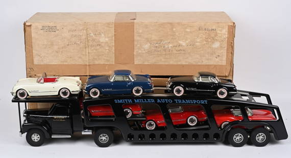 SMITH MILLER FRED THOMPSON CAR HAULER w/ BOX: Outstanding Smith Miller Fred Thompson Car Hauler. Great looking truck with incredible details. Comes with load of 6 tin friction Cars. Like new condition. Boxed 37" Excellent