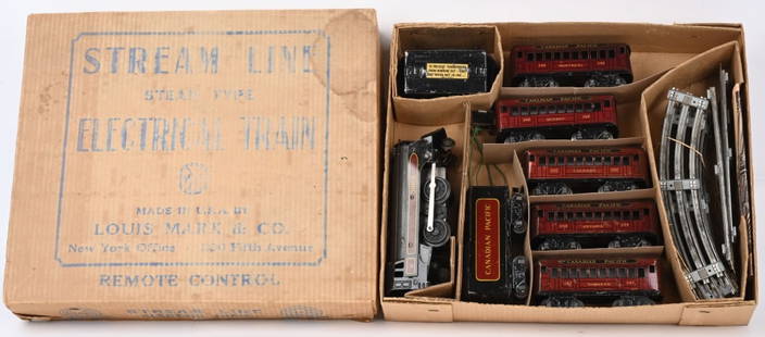 MARX #25000/12 CANADIAN PACIFIC TRAIN SET w/ BOX: Marx #25000/12 Canadian Pacific Streamline Electric Train Set. All original and complete with #3000 Engine and Tender with 5 Passenger Cars. Still has Transformer and Track. A very scarce Marx Train S