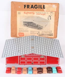 ELMER'S GARAGE w/ BOX: Elmer's Garage for miniature scale model cars. Comes with 11 plastic Cars. All original and complete. With Box. 16" Excellent