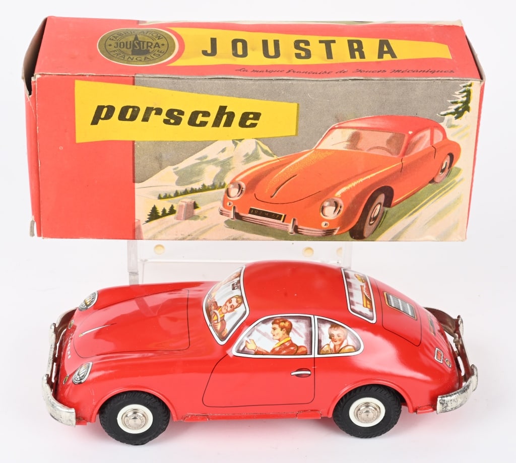 JOUSTRA TIN FRICTION PORSCHE w/ BOX: Joustra tin friction Porsche. All original and looks never played with condition. Friction works. With Box. 8 1/2" Excellent
