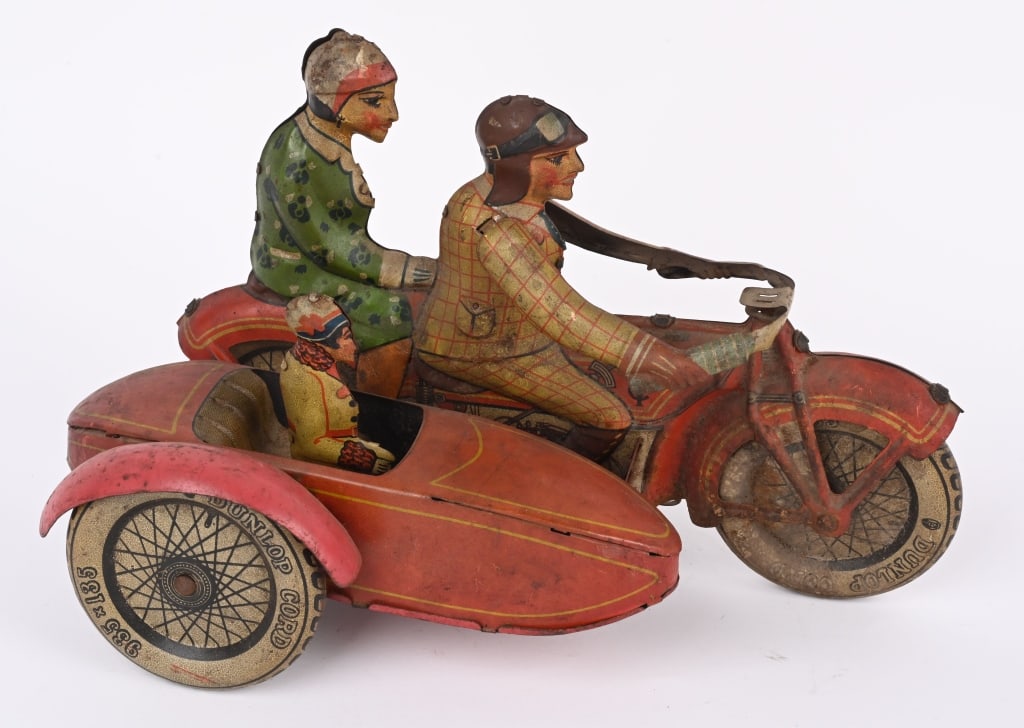 10" TIPP TIN WINDUP MOTORCYCLE w/ SIDECAR (1 of 6)