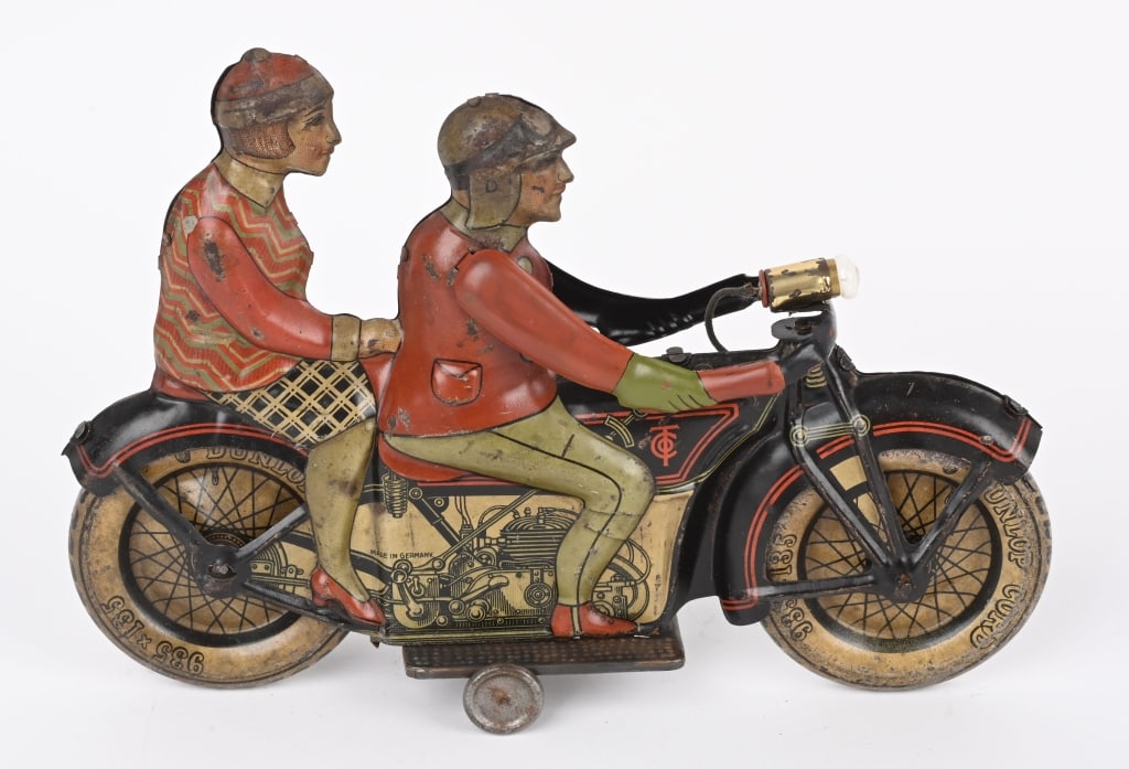 TIPP TIN WINDUP DOUBLE RIDER MOTORCYCLE w/ LIGHT (1 of 6)