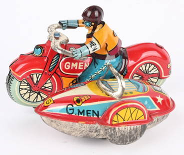 JAPAN TIN FRICTION G-MEN MOTORCYCLE w/ SIDECAR: Japan tin friction G-Men Motorcycle with sidecar. All original with great colors. Friction works. 3 1/2" Excellent