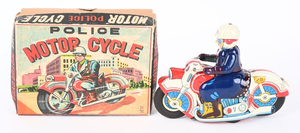 JAPAN TIN FRICTION POLICE MOTORCYCLE w/ BOX (1 of 9)
