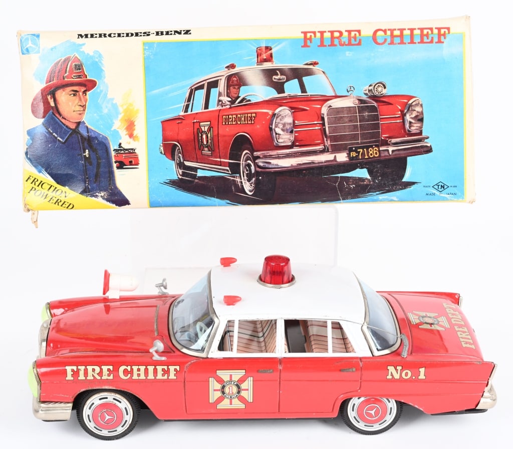 JAPAN TIN FRICTION MERCEDES BENZ FIRE CAR w/ BOX (1 of 7)