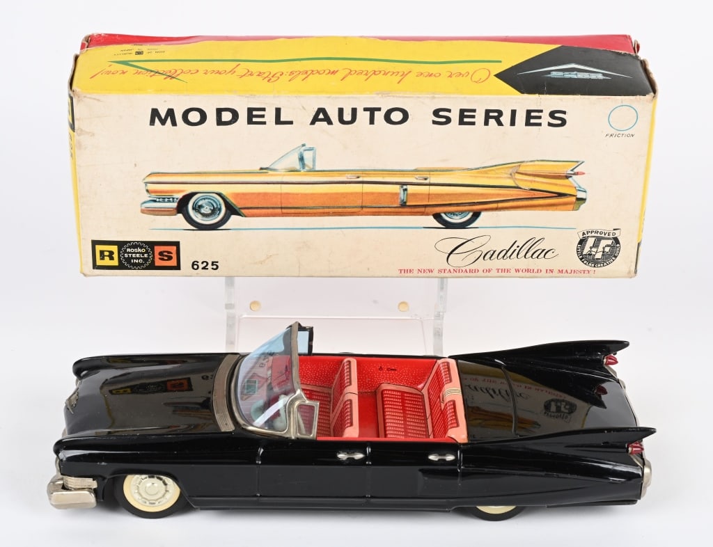 BANDAI TIN FRICTION1959 CADILLAC CONV w/ BOX: Bandai Japan tin friction 1959 Cadillac Convertible. This car looks new old stock condition! All original and beautiful. Very detailed car. Friction works. With Box. 11 1/2" Excellent