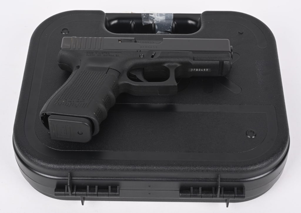 BOXED GLOCK MODEL 23-GEN 4 SEMI AUTO PISTOL: SERIAL BFBG453. BARREL 3 3/4". CALIBER .40. MAGAZINE 12-RDS. Nylon frame, matte finish, combat sights, Condition. Near new with paperwork in box, light handling. MODERN DB