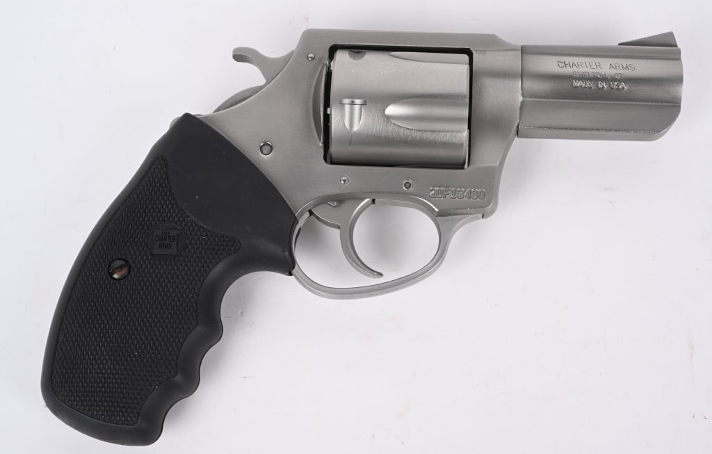 CHARTER ARMS .44 BULLDOG STAINLESS REVOLVER: SERIAL 20F13480. BARREL 2.5". CALIBER 44 SPECIAL. 5-SHOT, Double action, rubber grips, fixed sights. stainless steel. Condition. Light face burn and handling only, near new. MODERN DB