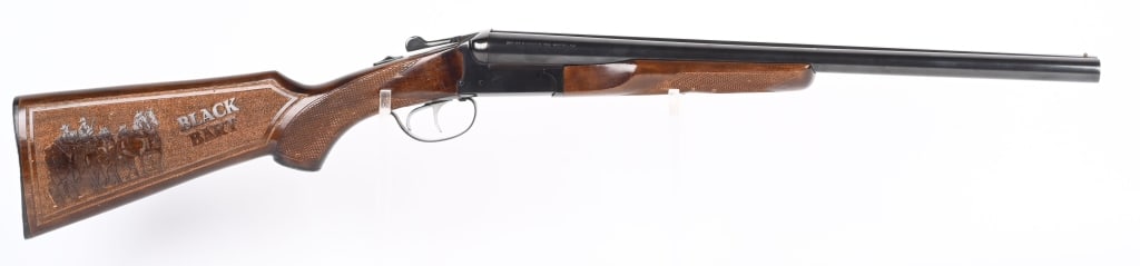 AMANTINO UPLANDER COACH "BLACK BART" SHOTGUN: SERIAL 400276. BARRELS 20". GAUGE 12. CHAMBERS 3". CHOKES MOD. Imported by Stoeger, made in Brazil, features checkered pistol grip stock, beaver tail forearm, double triggers, blue finish. Right side