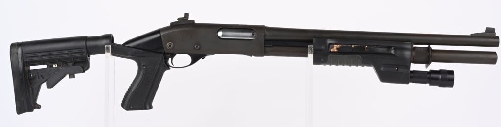 REMINGTON MODEL 870 WINGMASTER PUMP SHOTGUN: SERIAL NUMBER: T473876V. BARREL: 18". CALIBER: 12 GAUGE. MANUFACTURED: 1970S. This looks to be a former police gun with a "03" rack number on the butt stock. Blade front sight and Scattergun Tech ghos