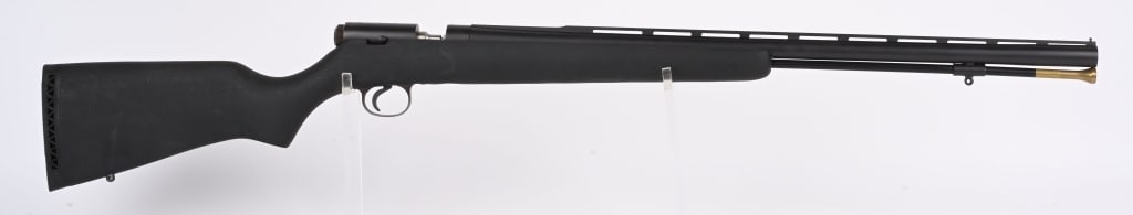 WHITE SHOOTING SYSTEMS WHITE THUNDER 12 GA: The White rifles were started by Doc (Gary) White in Utah. This is a single shot, percussion, in line bolt action 12 ga with matte finish barrel, full vent rib, black nylon stock, brass tip rod. In ex