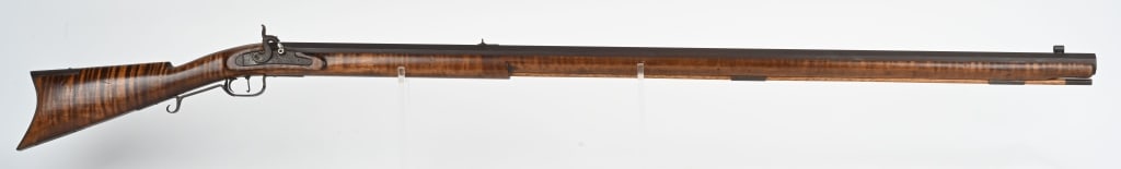CUSTOM HEAVY BBL PERCUSSION BENCH RIFLE: Barrel stamped J. GOODOIEN BLAINE MN. The .45 caliber cut rifled and hand lapped 46" heavy octagon barrel, by NMLRA record holder James Goodoien, makes it perfect for target shooting. Now retired, Jam