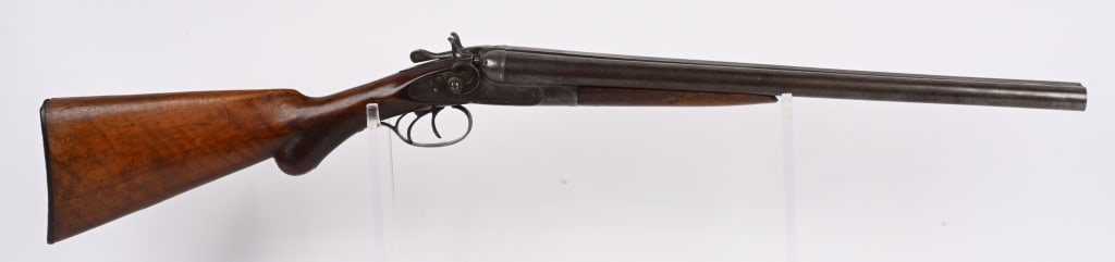 WELLS FARGO & CO. MARKED 12 GA COACH GUN: MADE BY C. PARKER & CO, STAMPED ON SIDE LOCKS. SERIAL 4678. BARRELS 19 3/4". CHAMBERS 2 3/4". "WELLS FARGO & CO EXPRESS NO 71" stamped on rib. Twist barrels, double triggers, exposed hammers, round kn