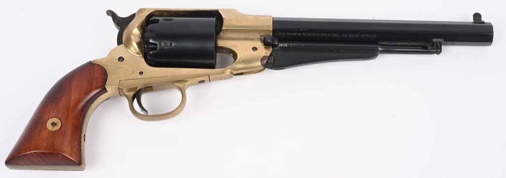 ASM COPY 1858 REMINGTON ARMY REVOLVER: SERIAL D48067 BARREL 8". CALIBER 44. Copy of Remington with brass frame, blue octagon barrel and cylinder, wood grips, case color hammer. Condition. Appears unfired but there are some age freckles on 