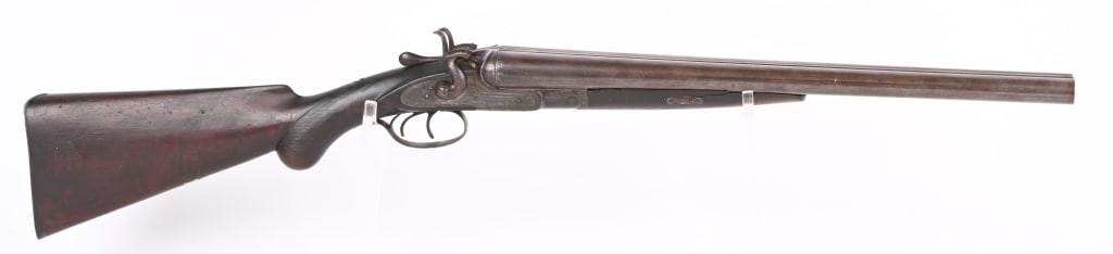 F. JAMES & CO HAMMER 10 GA STAGE COACH SHOTGUN: SERIAL NSN. BARRELS 19". GAUGE 10. CHAMBERS 2 3/4". Makers name on barrels and side locks, exposed hammers, double triggers, pistol grip checkered walnut stock, splinter forearm. Condition. No origina