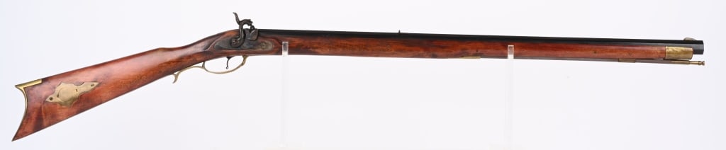 EARLY TURNER KIRKLAND KENTUCKY RIFLE: MADE IN BELGIUM. BARREL 30 3/4". CALIBER 40. Full blue octagon barrel, full length hardwood stock, brass furniture, case color lock & hammer, leaf rear sight. Condition. Used but solid 90% with some h